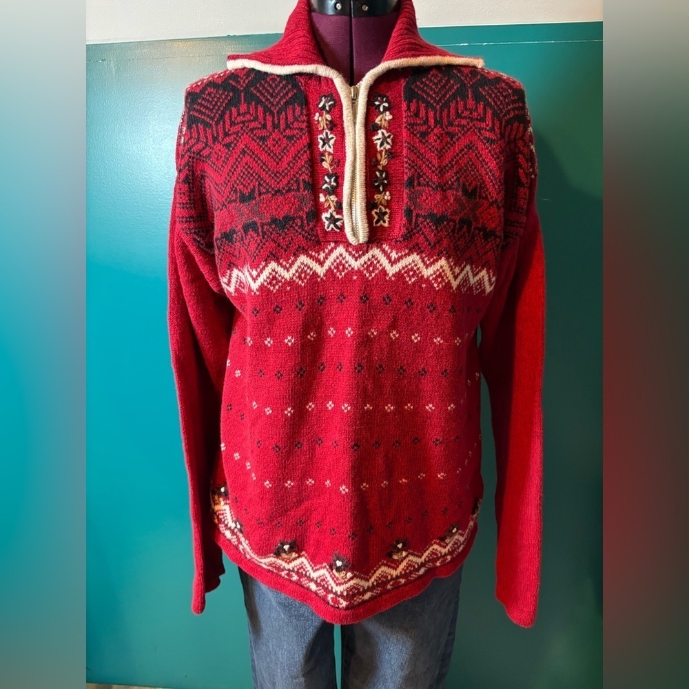 Erika Red and Black Zip Up Sweater with Nordic Patterns